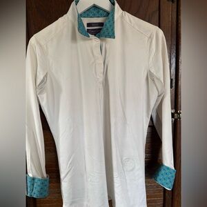 Women’s White Long-Sleeve Blouse with Turquoise Printed Trim
